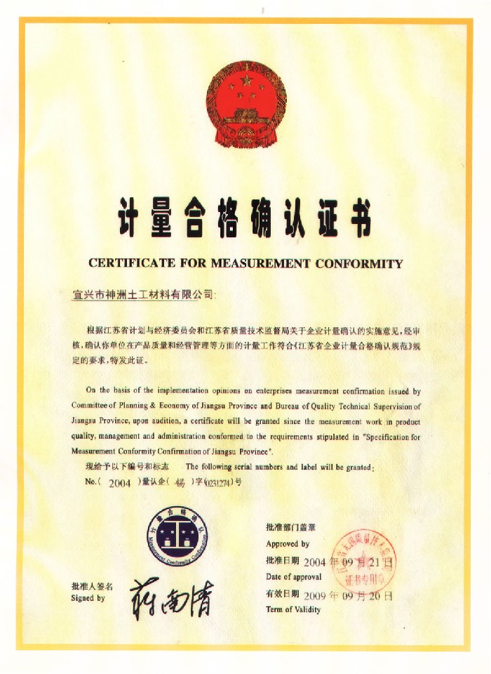 Certificate for Measurement Conformity